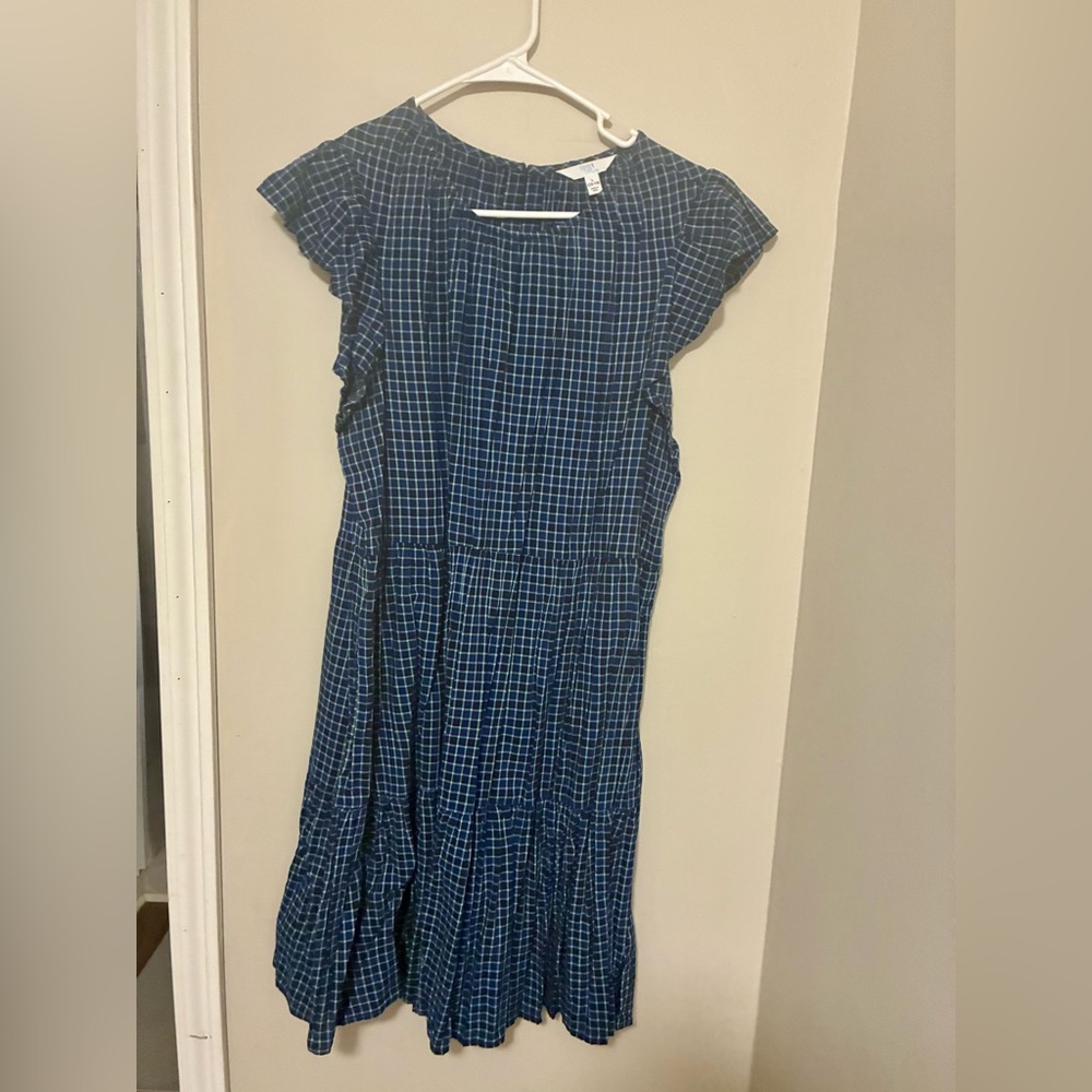 Time and Tue Blue Plaid Dress with Ruffle Sleeves